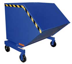 self dumping hopper is a large box on a hinged base that is filled with waste products in the workplace. 